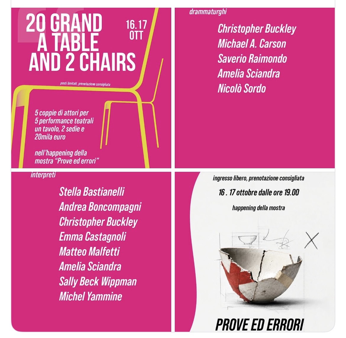 Event flyer for the October 16 and 17, 2026 staging of 20 Grand, a Table and 2 Chairs in Citta di Castello, Italy