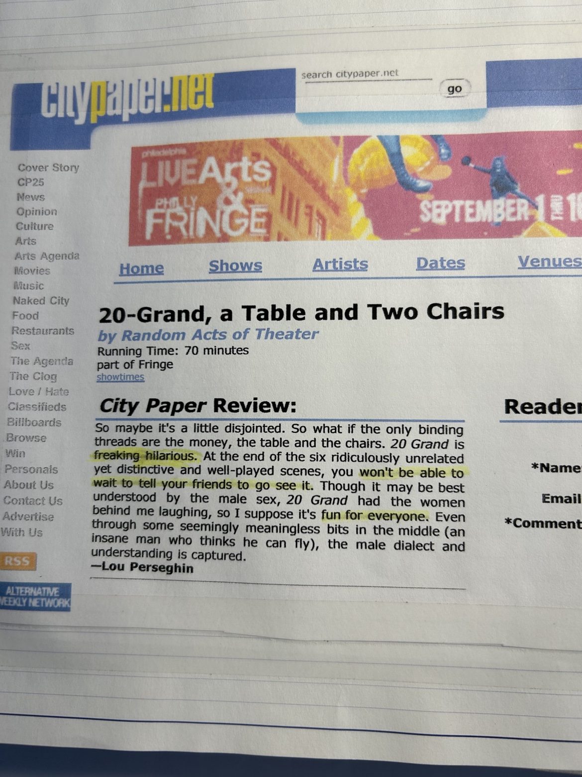 City Paper review of Twenty Grand, a Table, and Two Chairs