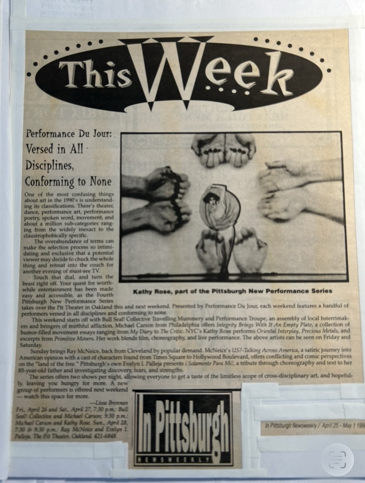 In Pittsburgh Newsweekly preview of the Fourth Pittsburgh New Performance Series, April 25 to May 1, 1996