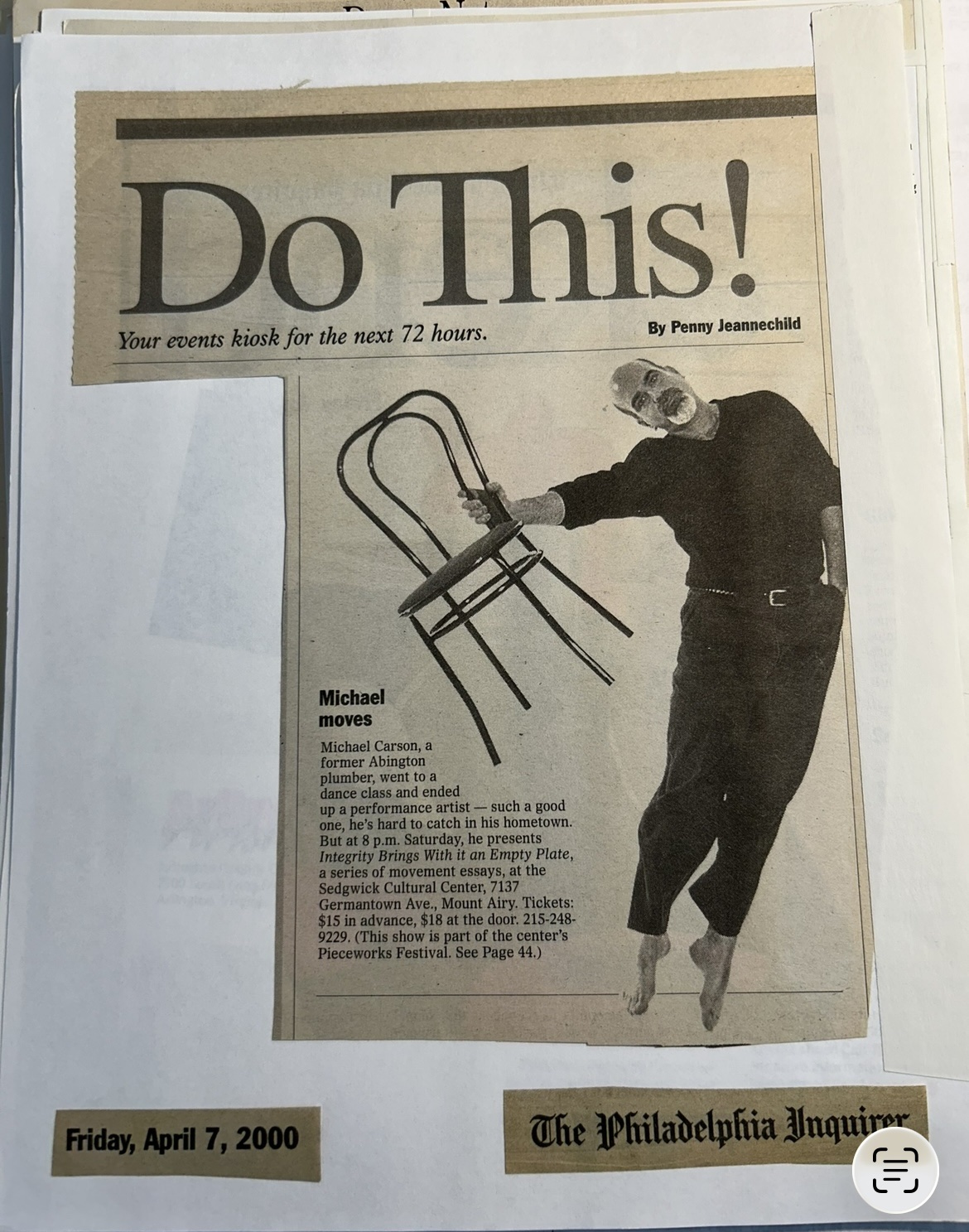 Philadelphia Inquirer Do This events column featuring Michael A. Carson leaping with a bentwood chair, April 7, 2000