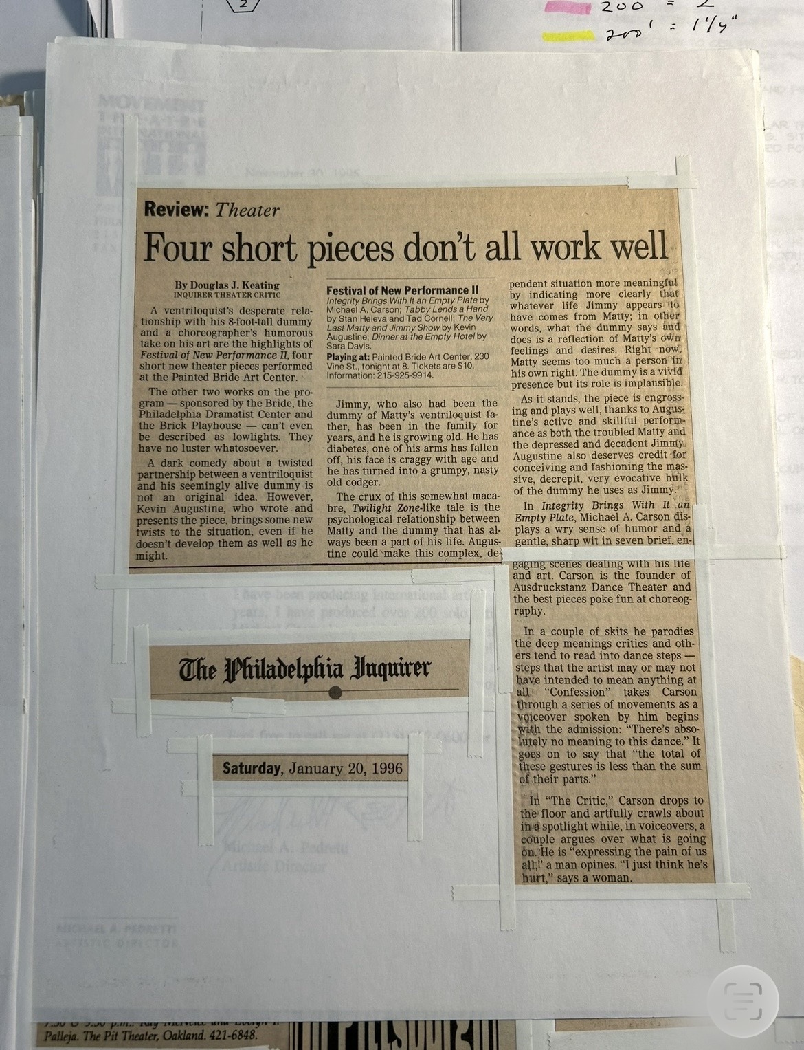 The Philadelphia Inquirer theater review Four short pieces don't all work well, January 20, 1996