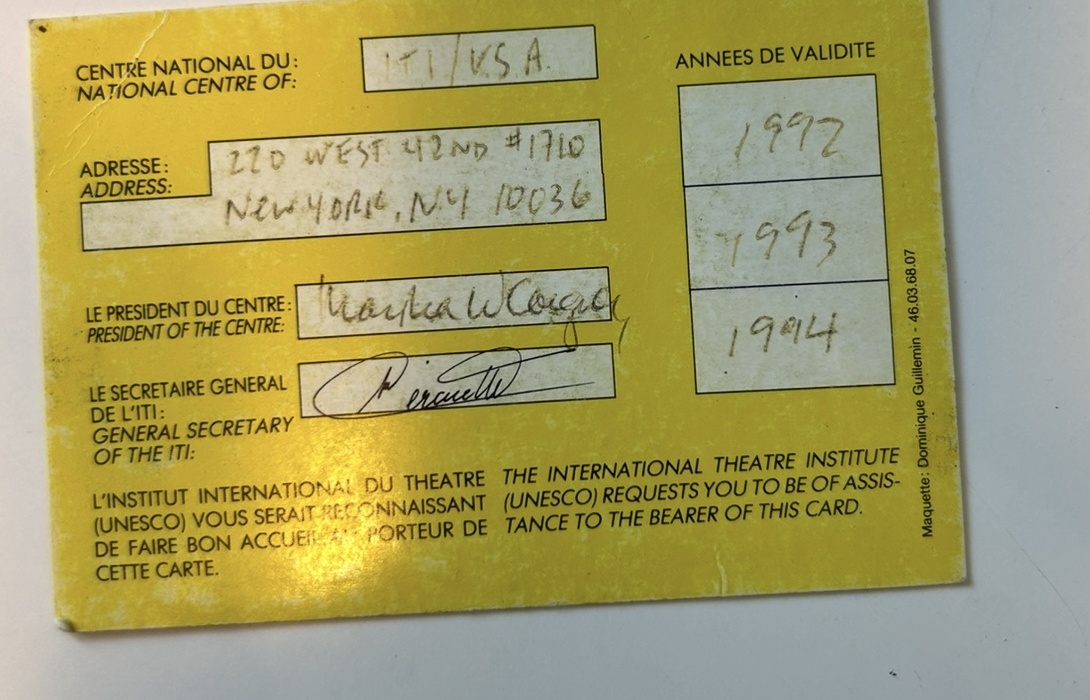Back of Michael A. Carson's International Theatre Institute membership card, signed by Martha W. Coigney and valid for 1992 through 1994