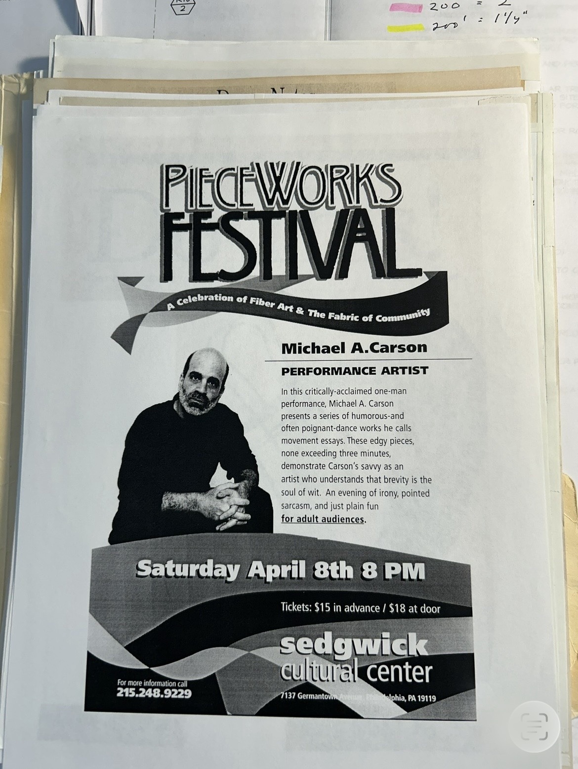 PieceWorks Festival flyer for Michael A. Carson's movement essays on April 8, 2000