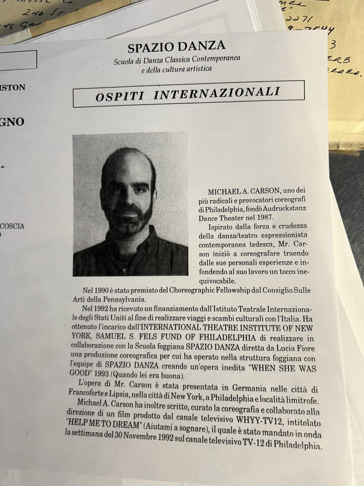 Spazio Danza Ospiti Internazionali biography of Michael A. Carson
