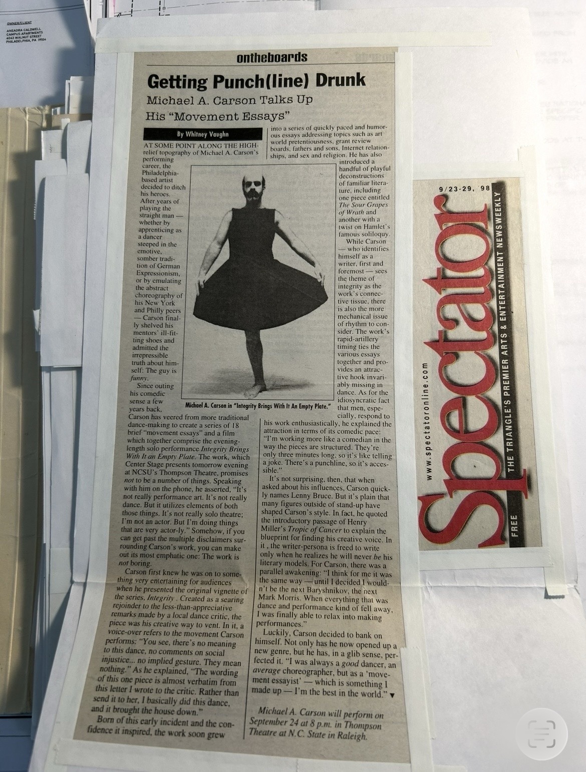 Spectator interview Getting Punchline Drunk about Michael A. Carson's movement essays, September 1998