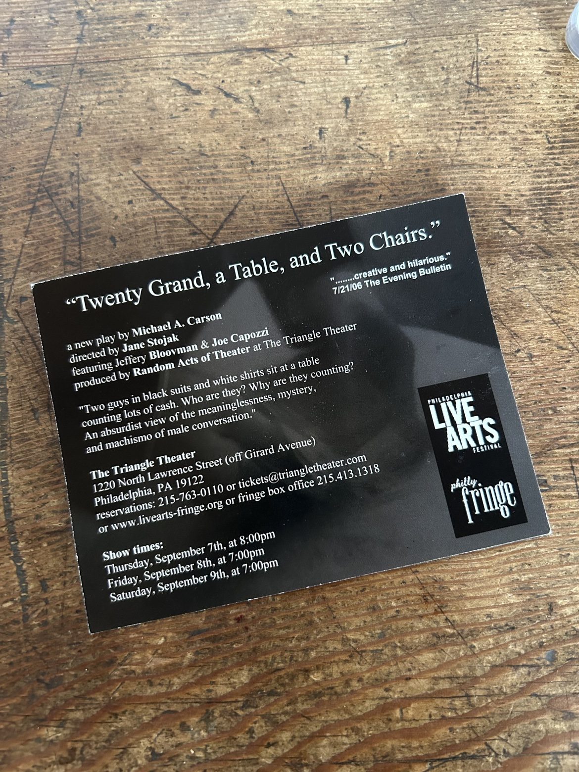 Flyer for Twenty Grand, a Table, and Two Chairs at the 2006 Philly Fringe